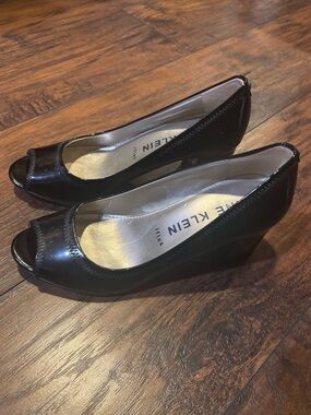 Anne Klein Black Patent Peep-Toe Wedge Pumps